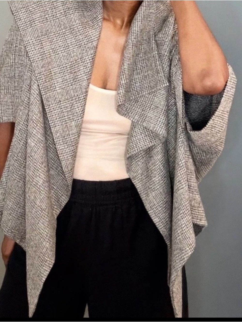 Gray Plaid Draped Open-Front Women’s Blazer